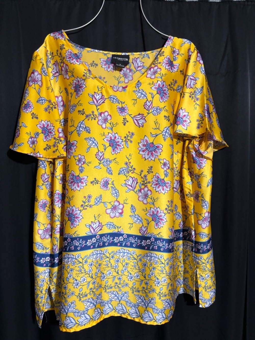 Liz Claiborne 1X Yellow Floral Short Sleeve Satin Lightweight Women’s Blouse